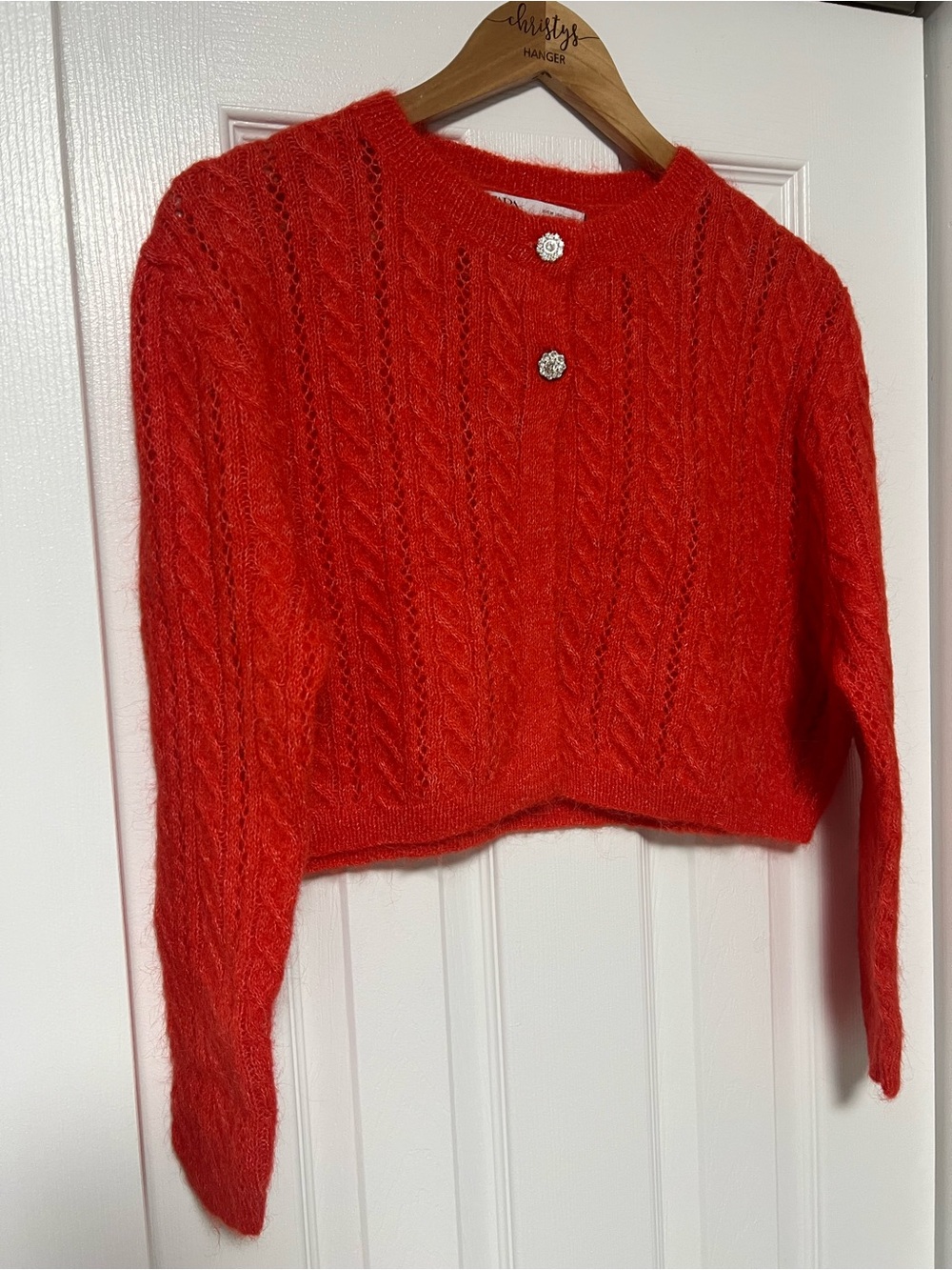 NWT Zara Red Alpaca Wool Blend Crop Cardigan Rhinestone Buttons Sz M - Picture 4 of 8